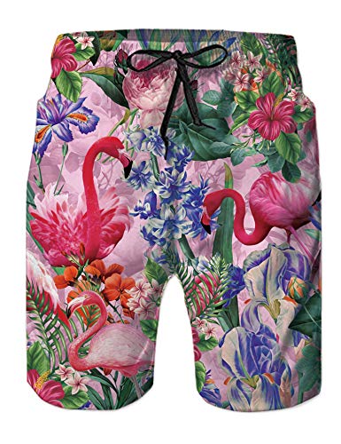 Belovecol Mens Pink Flamingo Swim Trunks Summer 3D Print Graphic Casual Athletic Swimming Short L