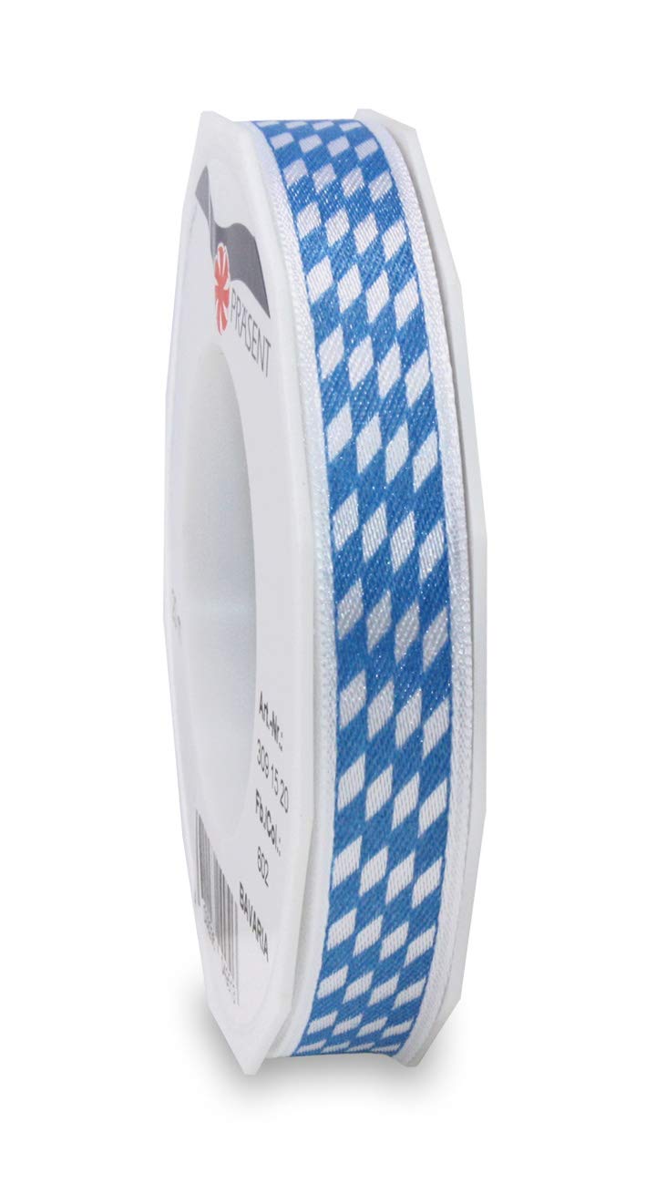 Präsent - Bavaria Printed Satin Ribbon White-Blue 15 mm Width, 20 m Length