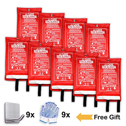 JJ CARE [Pack of 9 Fire Blanket Fire Suppression Blanket + Fire Protective Gloves + Hooks -Suitable for Camping, Grilling, Kitchen Safety, Car and Fireplace Retardant Blanket for Emergency