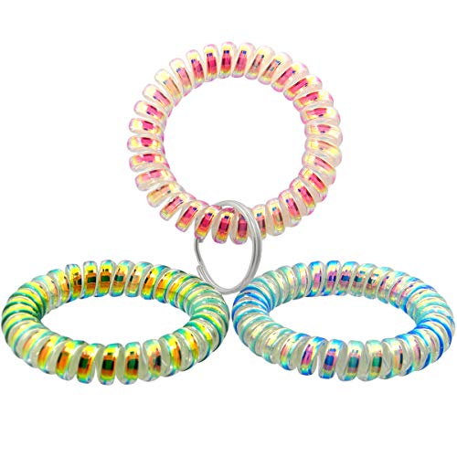 Shells 11Pack Bright Pearlized Colorful Assorted Gradual Changing Colors Flesible Plastic Spiral Coil Wrist Band Stretchable Key Ring Chains with Key Holders (11)