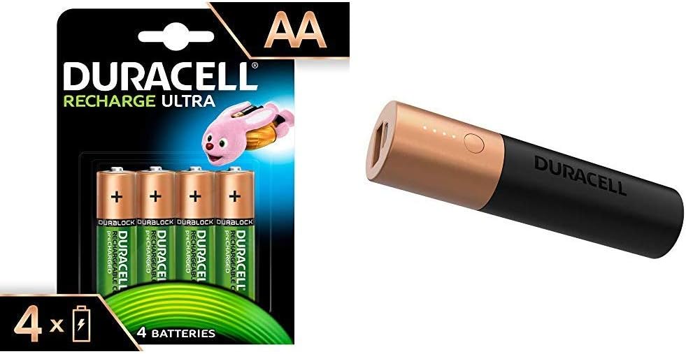 Duracell Recharge Ultra Type AA Batteries 2500 mAh, pack of 4 with Duracell Power Bank 3350 mAh