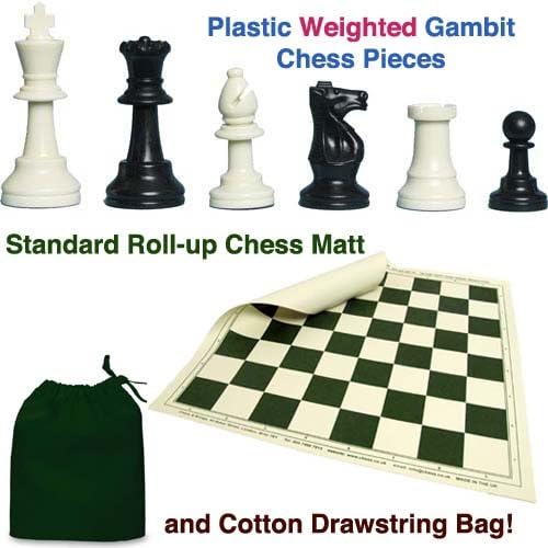 Plastic Weighted Gambit Chess Set, Roll-up Mat and Drawstring Bag