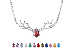 SILVERCUTE Birthstone Necklace for Women, Sterling Silver Pendant Cute Antler Deer Jewelry, Deer Necklace, Cat Ear Pendant, R