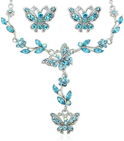 Aquamarine Color Crystal Butterfly Rhinestone Flower Necklace and Earrings Jewelry Set [Bridal Jewelry]