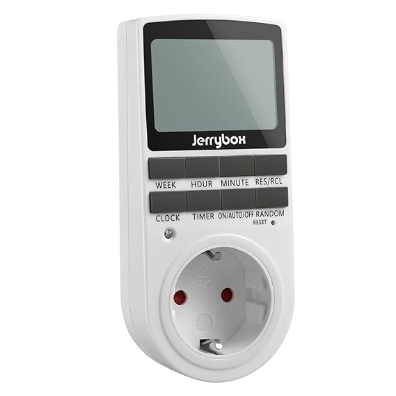 Jerrybox Zeitschaltuhr Digital Steckdose Timer mit Kindersicherung und Zufallsschaltung, Großes LCD Display, 10 Konfigurierba