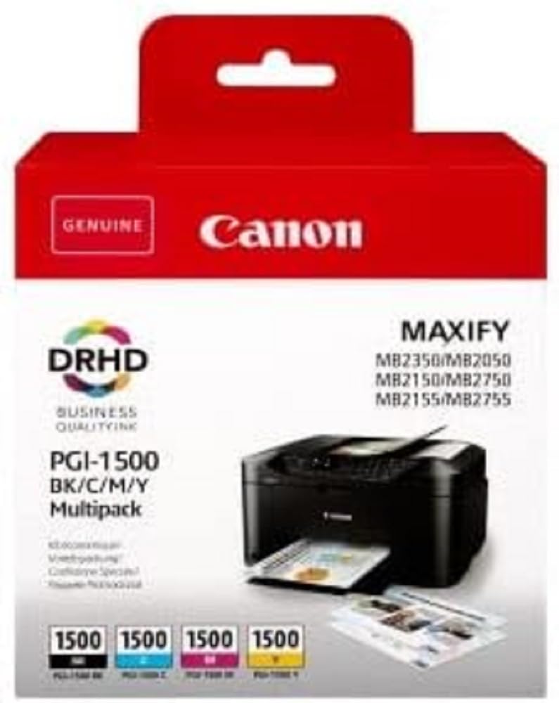 Canon PGI-1500 C M Y BK Pack of 4 cartridges (Black Cyan Magenta Yellow) Genuine Canon (Plastic Pack)