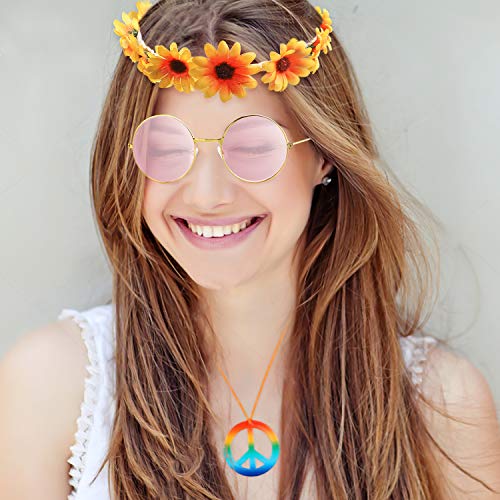 image for R HORSE 7 Pcs Hippie Costume Set Peace Sign Necklaces Flower Headband 