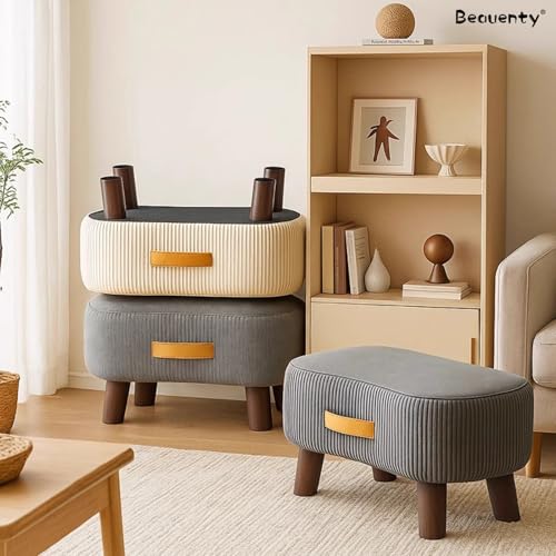 Beauenty Foot Stool, Sofa Stool with Handle, Soft Footrest Ottoman, Shoe-Changing Stools, Coffee Table Low Stools for Hallway, Living Room, Kitchen, Solid Wood Frame (Dark Gray)