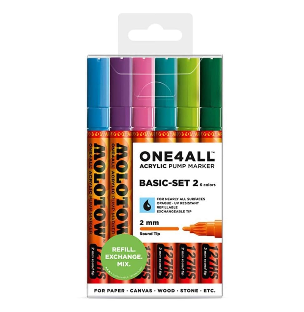 Molotow One4All 127HS Acryl Marker Basic-Set 2 (2,0 mm Strichstärke, hochdeckend und permanent, UV-beständig, für fast alle Untergründe) 6 Stück sortiert