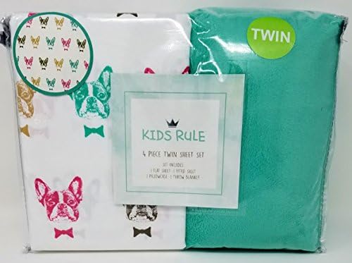 Kids Rule 4 Piece Twin Sheet Set - French Bull Dogs in Bow Ties with Green Plush Blanket