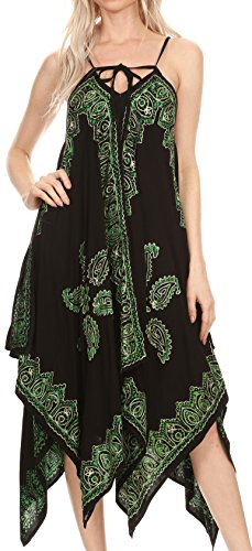 Sakkas 17801 - Arminat Batik Print Adjustable Strap Embroidered Handkerchief Hem Dress - Black / Green - S/M