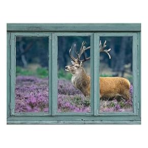 A red Deer in a Field of Purple Blooms - Stag with Large Antlers - Wall Mural, Removable Sticker, Home Decor - 24x32 inches