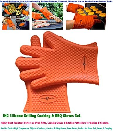 IHG Bundle of 2 Items, a Pair of Silicone Gloves &amp; Complete Set of 4 Different Sized Utility Spring Tongs, in Bundle.