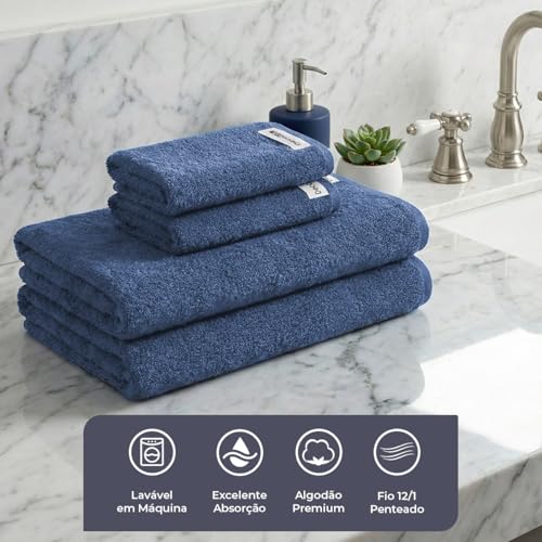 Decolab Jogo de Toalhas Air Light 100% Algodão (Azul-marinho, 4 Peças) Toque Suave, Gramatura de 420g/m², Kit Toalha de Banho 138 x 68cm / Toalha de Rosto 65 x 45cm