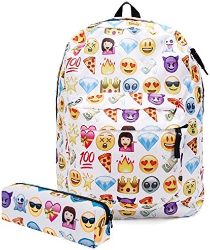 KooJoee Canvas Emoji Backpack Laptop School Book Bag Daypack With Pencil Case