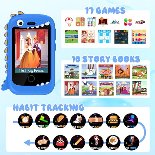 PTHTECHUS Smartphone for Children, Mobile Phone Toy Fairy Tales Audiobooks Telephone Console Portable Educational Electronic Toys, Birthday Gift for Children, Black