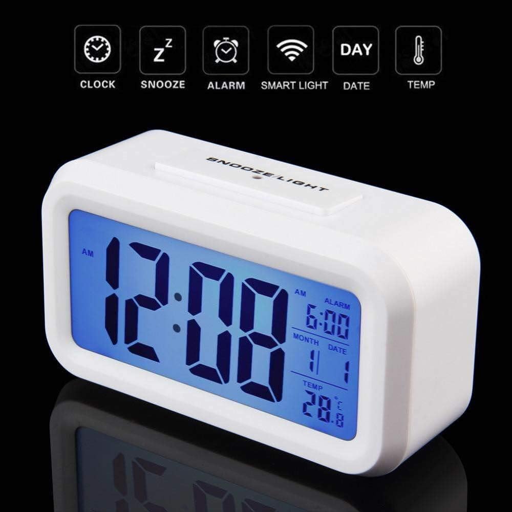 TRENDBUY™ Digital Smart Backlight Battery Operated Alarm Clock with Automatic Sensor, Time, Date & Temperature, Alarm Clocks for Home, Bedroom, Office, Students, Kids, Table, Desk (White)