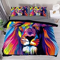 LvShen Colorful Lion Animal Duvet Cover Set King Size 3 Pieces Printed Sheets Bed Coverlet Bedding Sets with 2 Pillow Cases Shams for Home Women Men