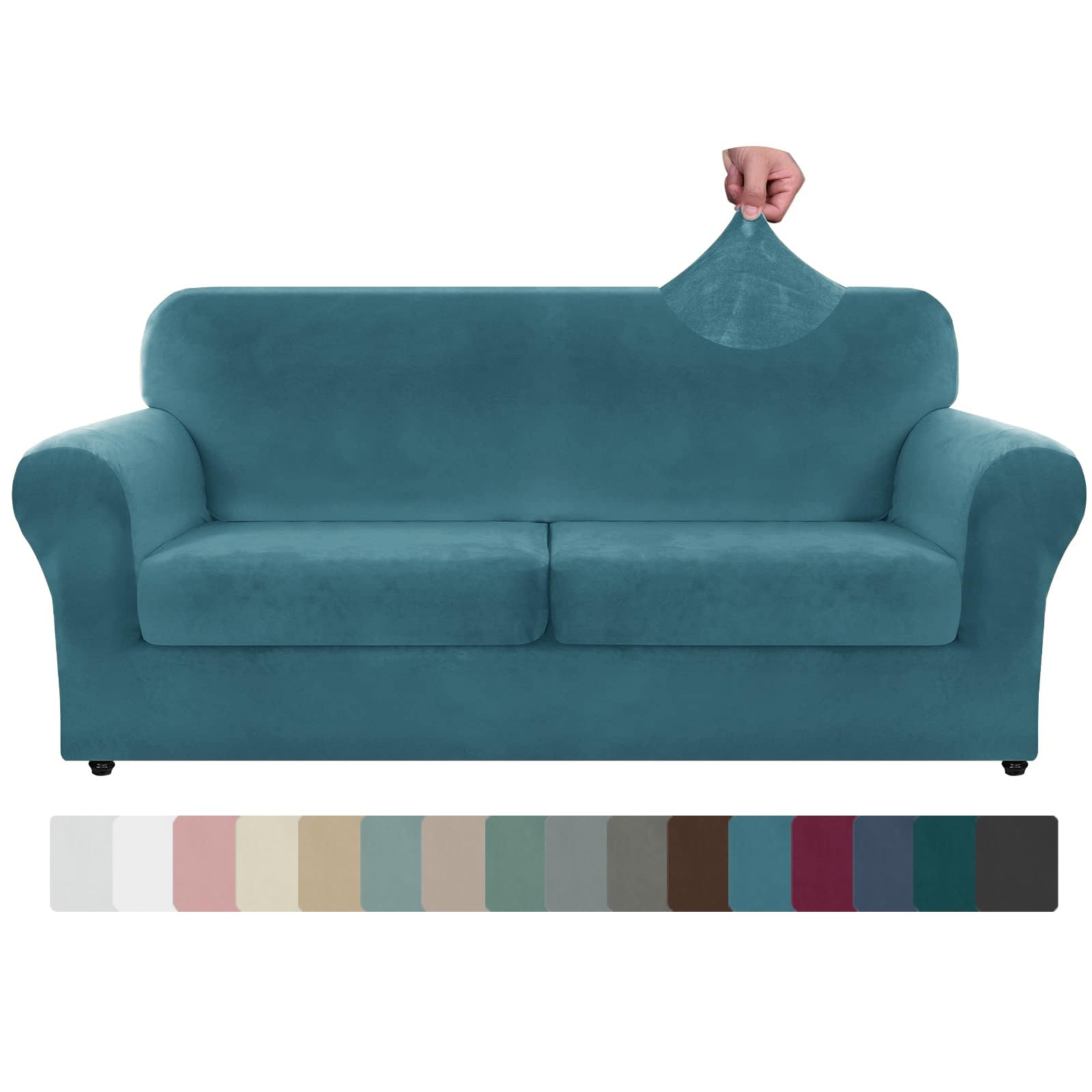 Photo 1 of ZNSAYOTX Oversized Velvet 3 Piece Couch Cover with 2 Extra Large Seat Cushion Covers Stretch Sofa Cover for 2 Cushion Couch Thick Soft Loveseat Sofa Slipcover (Peacock Blue), 72"-92"(2 Cushions)