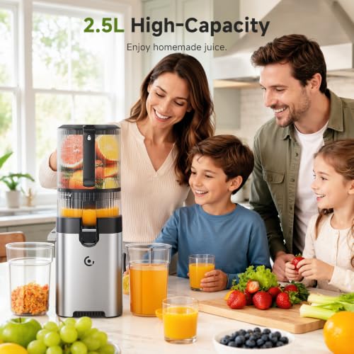 AMZCHEF Juice Extractor, Slow Juicer with XL Opening of 158MM, Capacity of 2.5L, Cold Pressed Blender for Whole Fruits and Vegetables, Stainless Body, Easy Assembly and Cleaning, Silver/Black | Capacidad de 2,5L, Licuadora Prensado en Frío para Frutas y Verduras Enteras, Cuerpo Inoxidable, Fácil Montaje y Limpieza