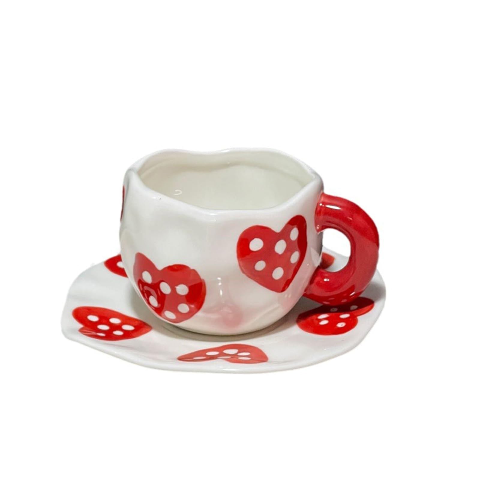 Soulnioi Ceramic Coffee Mug, Cute Heart Cappuccino Cup and Saucer Set, 340ML Hand-Painting Tea Cup Creative Latte Milk Cup for Gift - Red Heart