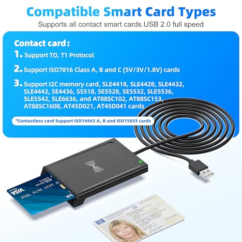 USB smart card reader with NFC, USB smart card reader, DOD military card reader for ID card, bank cards, compatible with Windows, Linux, PC laptop, 95 cm cable