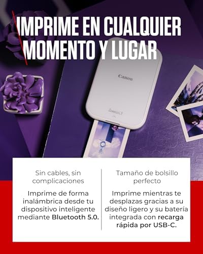 Zoemini 2 Kit de Impresión – Impresora Fotográfica Portátil y Compacta – Bluetooth 5.0 – Carga Rápida USB C Ideal para Viajes (Blanco)