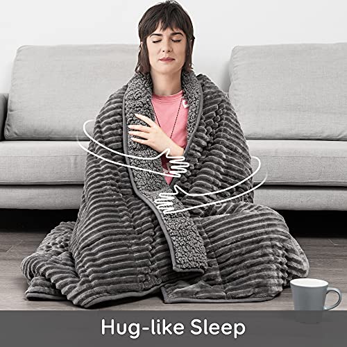 Sherpa Fleece Weighted Blanket for Adult, 15lbs Thick Fuzzy Bed Throw with Ribbed Stripes, Dual Sided Cozy Fluffy Weighted Blanket with Premium Beads for Bed, Couch, 60 x 80 Inches, Grey