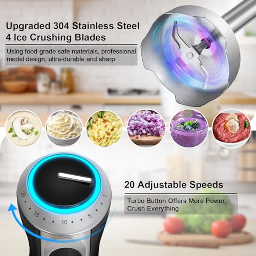 Kolohoso 1500W Hand Blender, 4 in 1 Professional Multifunctional Mixer with 20 Speeds and Turbo, 304 Stainless Steel, Whisk, Chopper 500 ml and Measuring Cup 600 ml, for Smoothie Soups Sauces, BPA Free