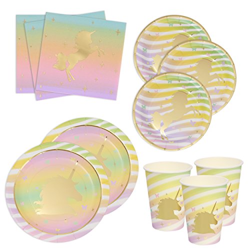 Gift Boutique Unicorn Birthday Plates Napkins and Cups with Gold Foil for 24 Guests 24 Dinner Plates 24 Dessert Plates 50 Luncheon Napkins and 24 Cups Unicorn Party Supplies Metallic Tableware Decor