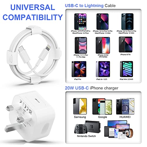 [MFi Certified] 2Pack 20W PD USB C Wall Charger Adapter for iPhone Fast Charger Plug with 2Pack 6FT USB C Lightning Cable Fast Charging Lead for iPhone 14 13 12 11 Max/Pro Mini and More-White