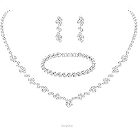ElegGlo Silver Crystal Bridal Jewelry Set - Teardrop Dangle Earrings With Rhinestone Necklace & Bracelet