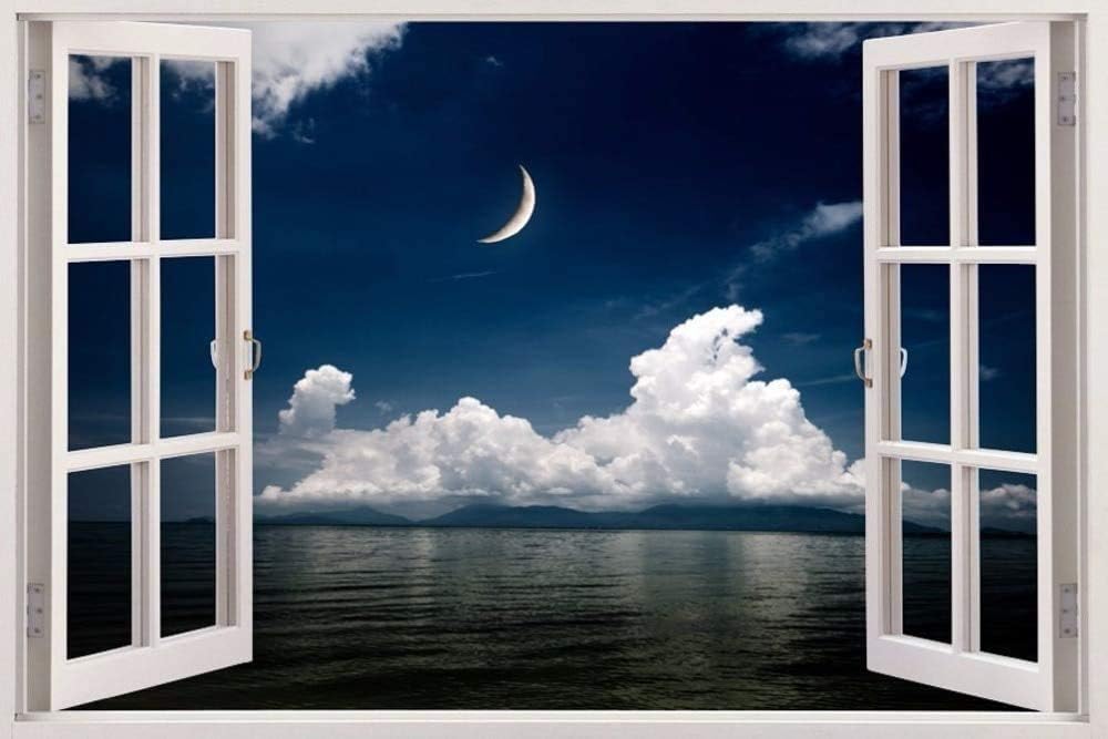 3D Effect Window View Ocean Night Seascape Calm View Fake Windows Wall Stickers Removable Faux Windows Wall Decal 40X60Cm