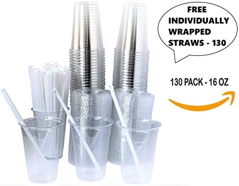 CLEAR PLASTIC DISPOSABLE CUPS 16 oz ,With Flat Lids &amp; White Flexible Individually Wrapped Straws ,CLEAR CRYSTAL PLASTIC SMOOTHIE CUPS , Perfect For Cold Drinks &amp; Iced Coffee ( PACK OF130 )