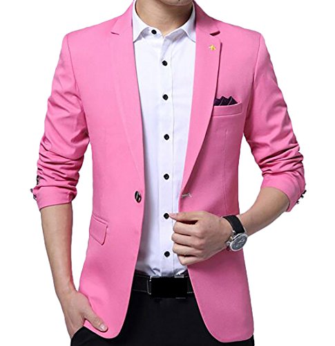 XTX Mens Single One Button Slim Fit Blazer Formal Suit Pink L