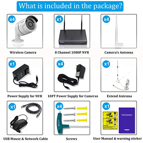 【2019 New 8CH Expandable】OHWOAI Security Camera System Wireless, 8CH 1080P NVR, 4Pcs 1080P HD Outdoor/ Indoor IP Cameras,Home CCTV Surveillance System (No Hard Drive)Waterproof,Remote Access,Plug&Play