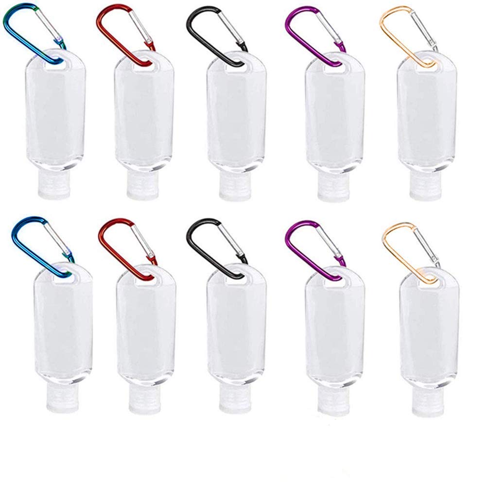 Portable Travel Plastic Clear Keychain Bottles, Leakproof Refillable Empty Bottles Squeeze Containers Flip Cap Small Travel Bottles with Hook Carabiner Belt Clips