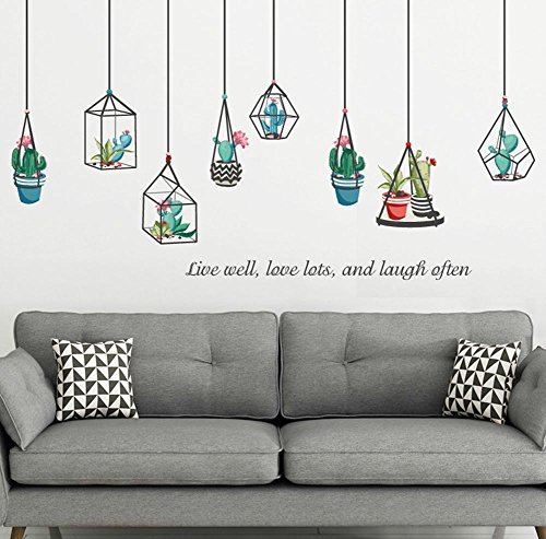 BIBITIME Geometric Flower Pots Growing Plants Cactus Wall Decal Sticker for Bedroom Living Room Porch TV Background PVC Decorations Home Art Mural Nursery Kids Room Decor