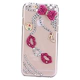 EVERMARKET(TM) Bling Clear Handmade 3D Sexy lips and Red Bowknot Style Crystal Diamond Rhinestone Skin Case Cover for Apple iPhone 6 4.7 Inch