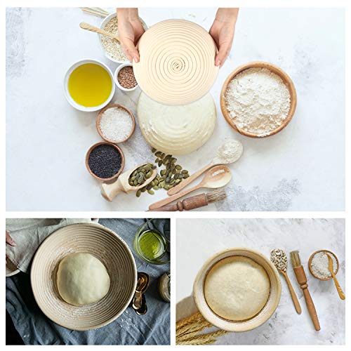 10" Banneton Bread Proofing Basket Set-Brotform Rattan Basket with(Cloth Liner,Dough Scraper,Bread Lame,Instruction) for Rising Round Crispy Crust Baked Bread Making Dough Loaf Boules