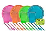 Tiger Chef 40-Piece Neon Assorted Glow Party Supplies Includes Neon Assorted Colors Hard Plastic Plates, Cups and Cutlery in Neon Pink, Blue, Green and Orange (Service for 8)