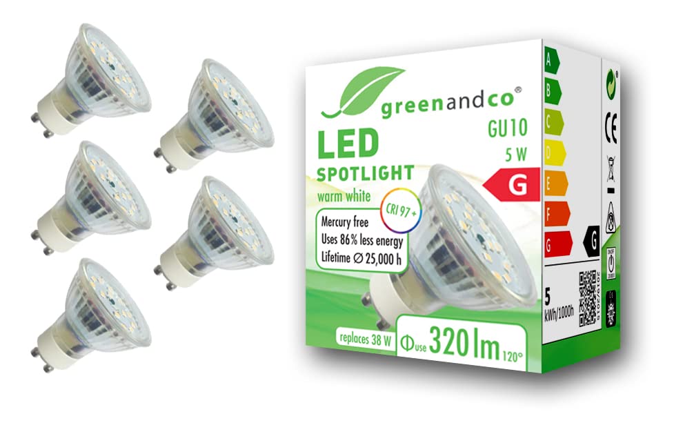 greenandco® CRI 97+ 2700K 110° LED spot Replaces 38 Watt GU10 Halogen Spotlight, 5W 320 Lumen Warm White 230V, no Flicker, not dimmable, 5-Pack — image 1