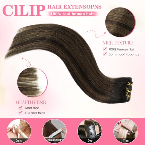 Yuniffe Clip in Hair Extensions Human Hair Balayage Dark Brown to Chestnut Brown 22 Inch 8pcs 120g Hair Extensions Clip in Natural Straight Remy Human Hair Extensions for Women #R2-6-2