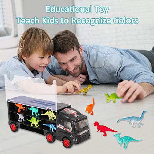 M SANMERSEN Dinosaur Trucks Toys for Boys, Dinosaur Transport Truck with 12 Mini Dinosaur Educational Carrier Trucks Toy Car for Kids Girls