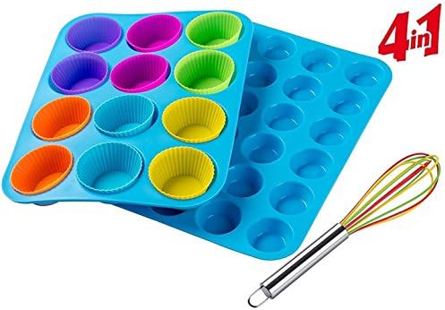 Bakeware Silicone Nonstick 24 &amp;12 Cup Regular Muffin Pan Set Bundle With Silicone Baking Cups,Cupcake Liners ,Truffle Cups-12 Pack,6 Colors+ 9 Inch Kitchen Whisk Dishwasher Safe BPA Free Light Blue.