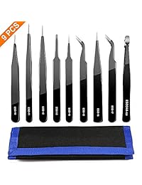 Juego de pinzas de precisión ZYIMING de 9 piezas, ESD 10, 11, 12, 13, 14, 15 Kit de pinzas de acero inoxidable antiestático y antideslizante seguro largo para manualidades, fabricación de joyas, reloj, electrónica, trabajo de laboratorio