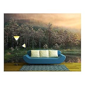 Forest and a Small Pond at The First ray of Light on a Foggy Morning - Removable Wall Mural | Self-Adhesive Large Wallpaper - 66x96 inches