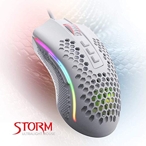 ratón para juegos redragon m808 storm, ligero, rgb, carcasa de nido de abeja ultraligera de 85 g, sensor óptico de 12,400 ppp, 7 botones programables, registro preciso, cable super-lite, blanco