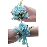 Rikyo Rose Flower Corsage and Boutonniere Set 2,Handmade Silk Flowers Corsage Wristlet Wedding Accessories for Brides,Bridal Shower Gifts for Prom Party Homecoming Bridesmaid Wedding Ornament (Blue)