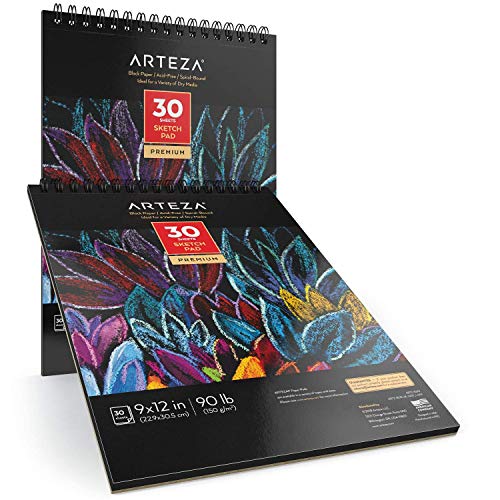 image for ARTEZA 9X12” Black Sketch Pad, Pack of 2, 60 Sheets (90lb/150gsm), 3